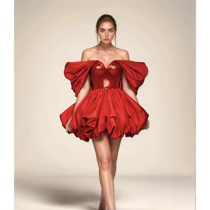 Bardot Sequin Bustier Puff Dress Red
