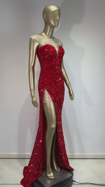 Mesh Insert Sequin Mermaid Maxi Dress Red HV1148