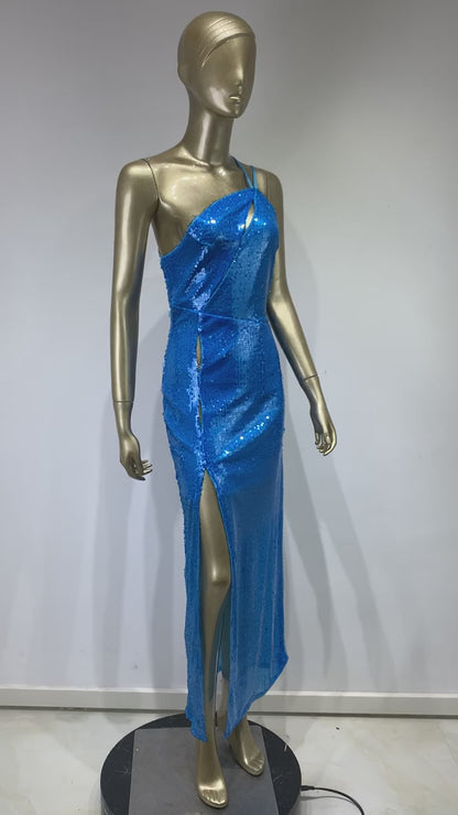 One Shoulder Cut Out Maxi Sequin Dress Blue HV9783