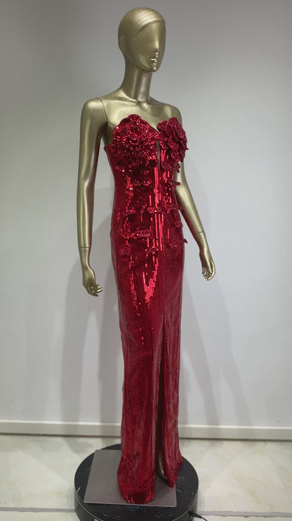 Strapless Flower Sequin Maxi Dress Red HV1007