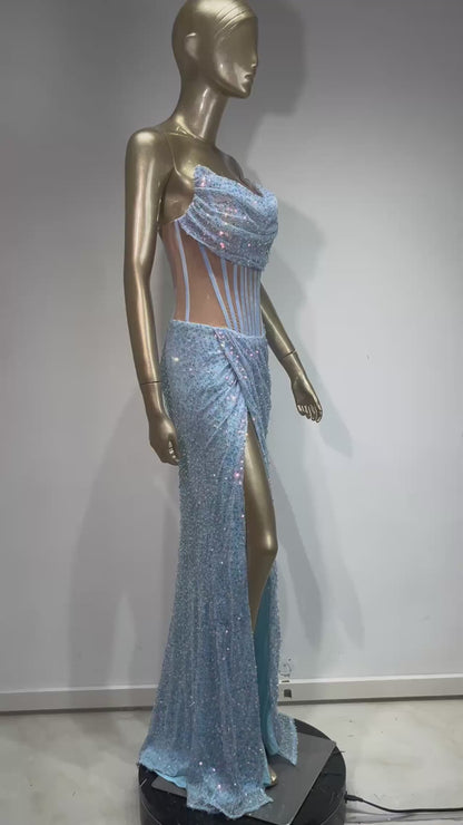 Strapless Draped Corset Sequin Dress Blue HV9732