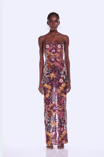 Strapless Floral Sequin Maxi Dress HV9657