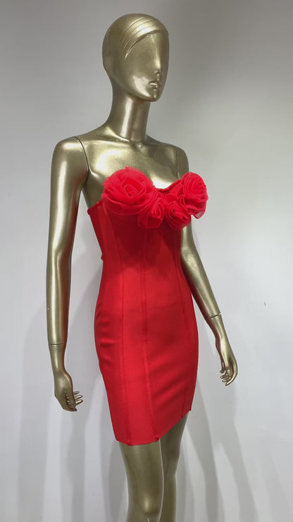Flower Detail Strapless Dress Red HV9548