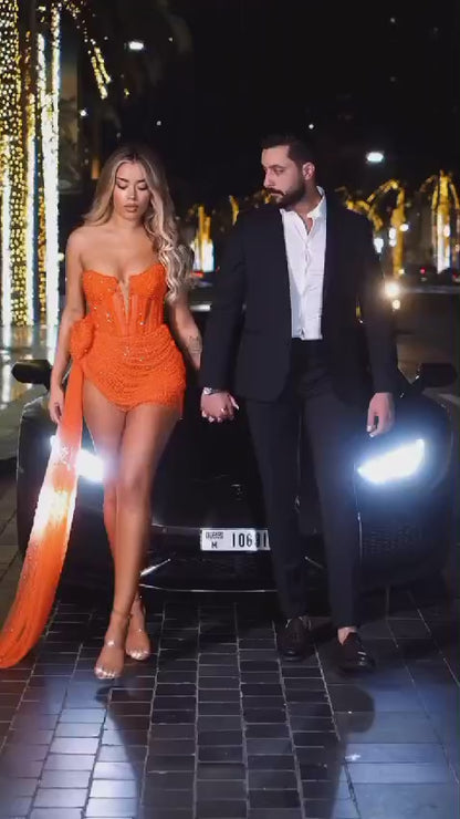 Strapless Corset Sequin Draped Dress Orange HV1679