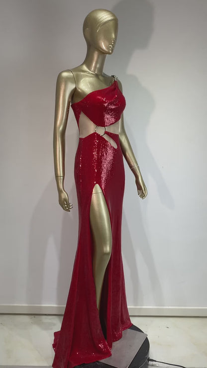 One Shoulder Sequin Maxi Dress Red HV1577