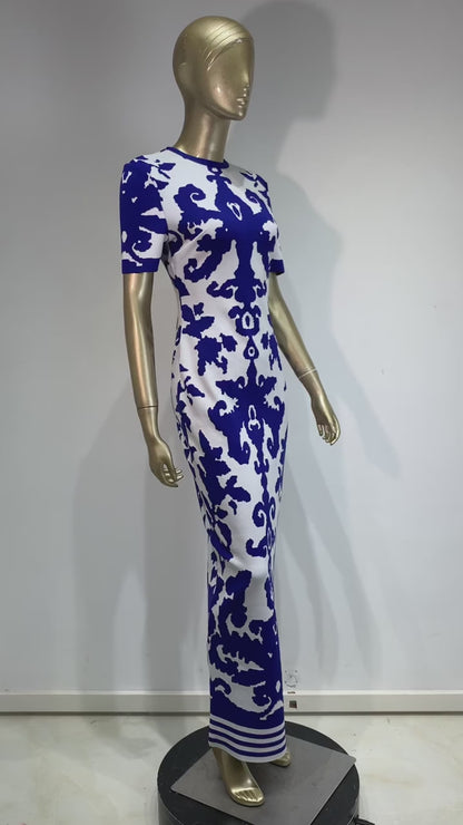 Short Sleeve Printed Maxi Dress Blue White HV1737