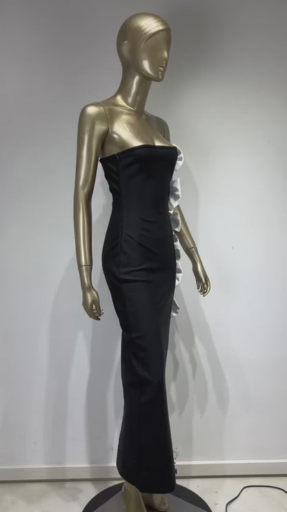 Strapless Bow Detail Maxi Velvet Dress Black White HV1944