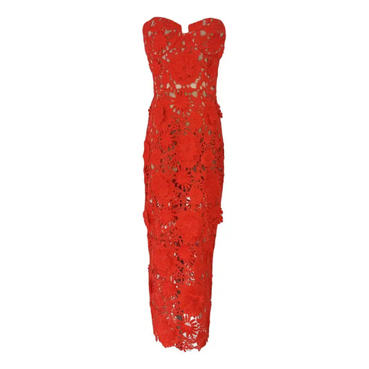 Strapless Bustier Floral Crochet Midi Dress Red HV1270