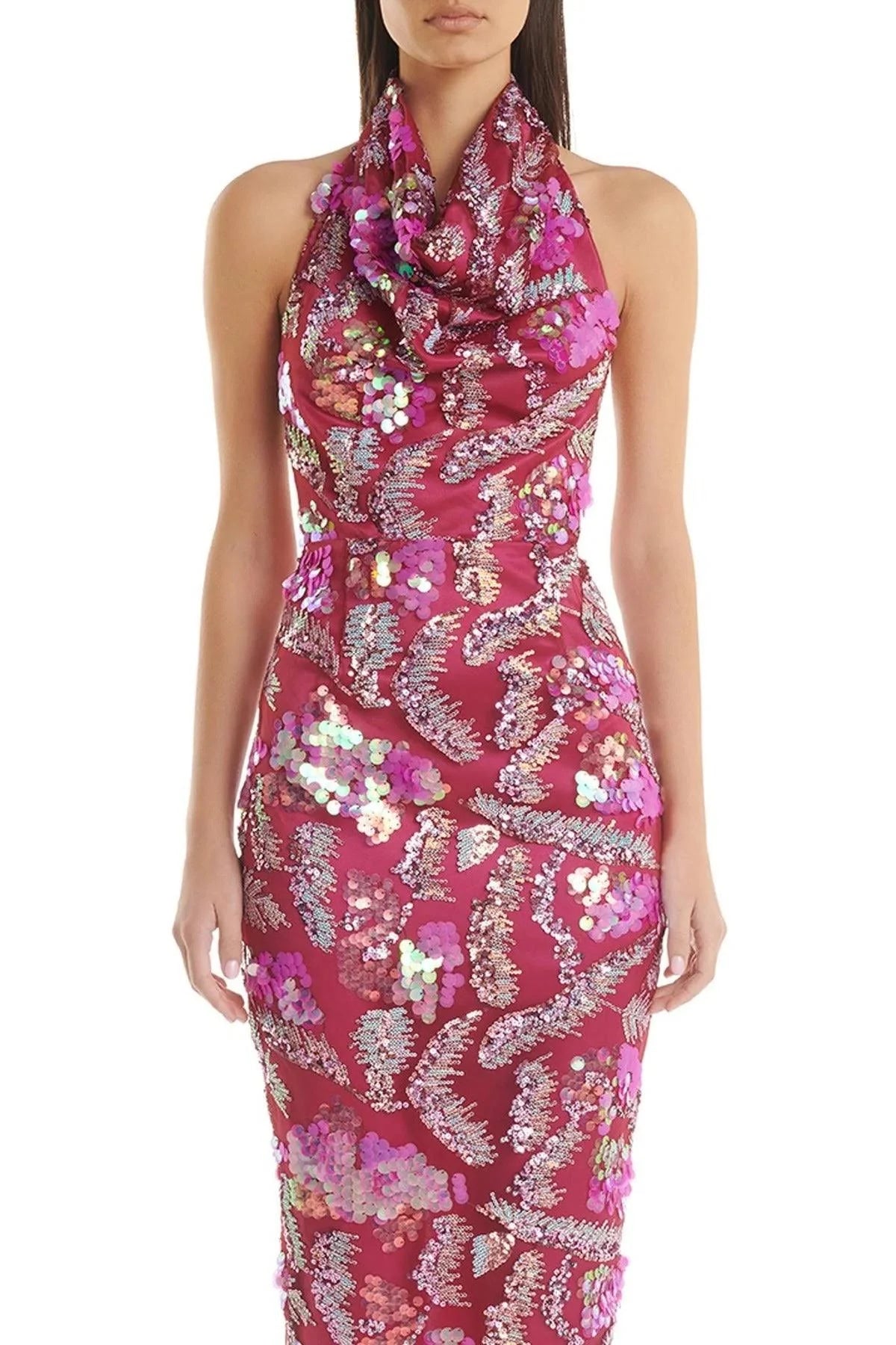 Halter Floral Sequin Midi Dress Hot Pink HV1618