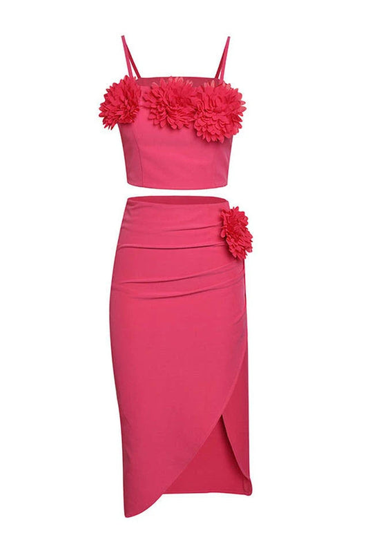 Flower Detail Two Piece Midi Dress Hot Pink