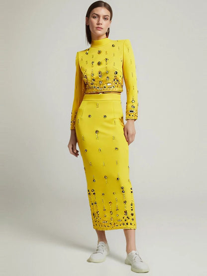 Long Sleeve Crystal Midi Two Piece Dress Yellow HV1185