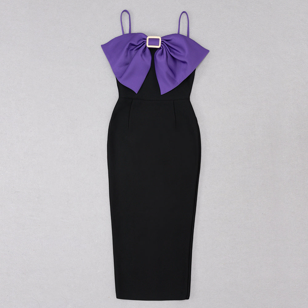 Bow Detail Midi Dress Purple Black V8717