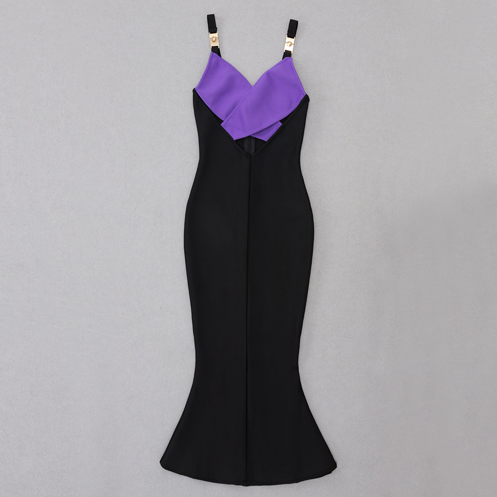 Cross Over Fluted Midi Dress Purple Black HV8769