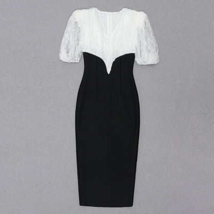 Short Sleeve Lace Pearl Midi Dress Black White V8606