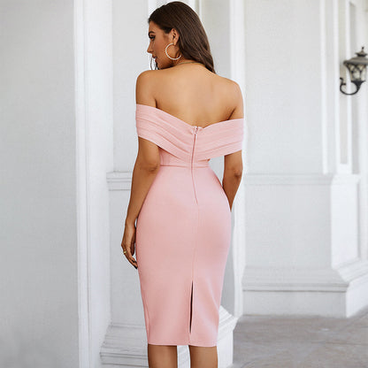 Draped Off Shoulder Structured Midi Dress Pink  HV8586