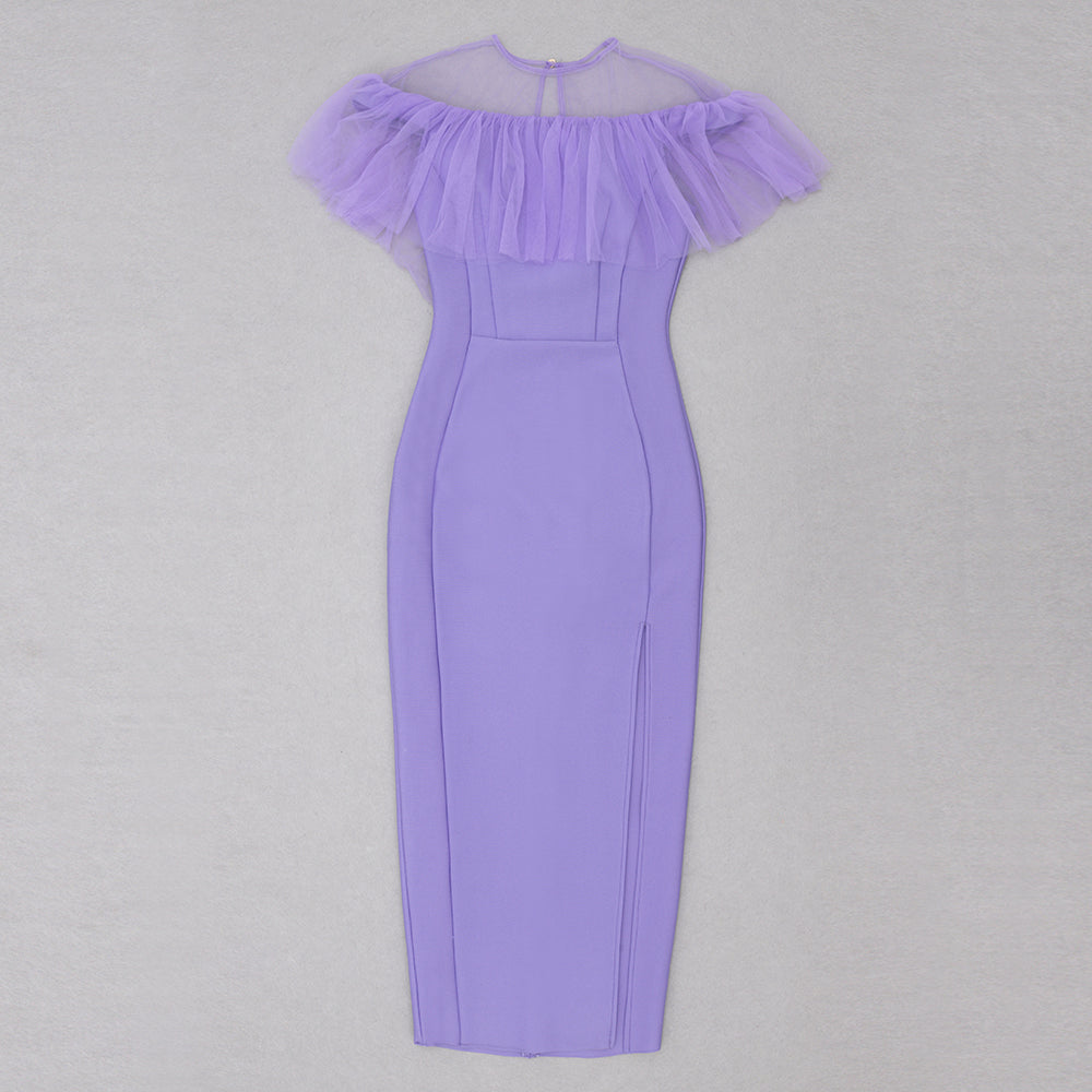 Ruffle Mesh Midi Dress Purple V8744