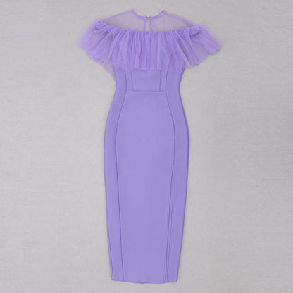 Ruffle Mesh Midi Dress Purple V8744