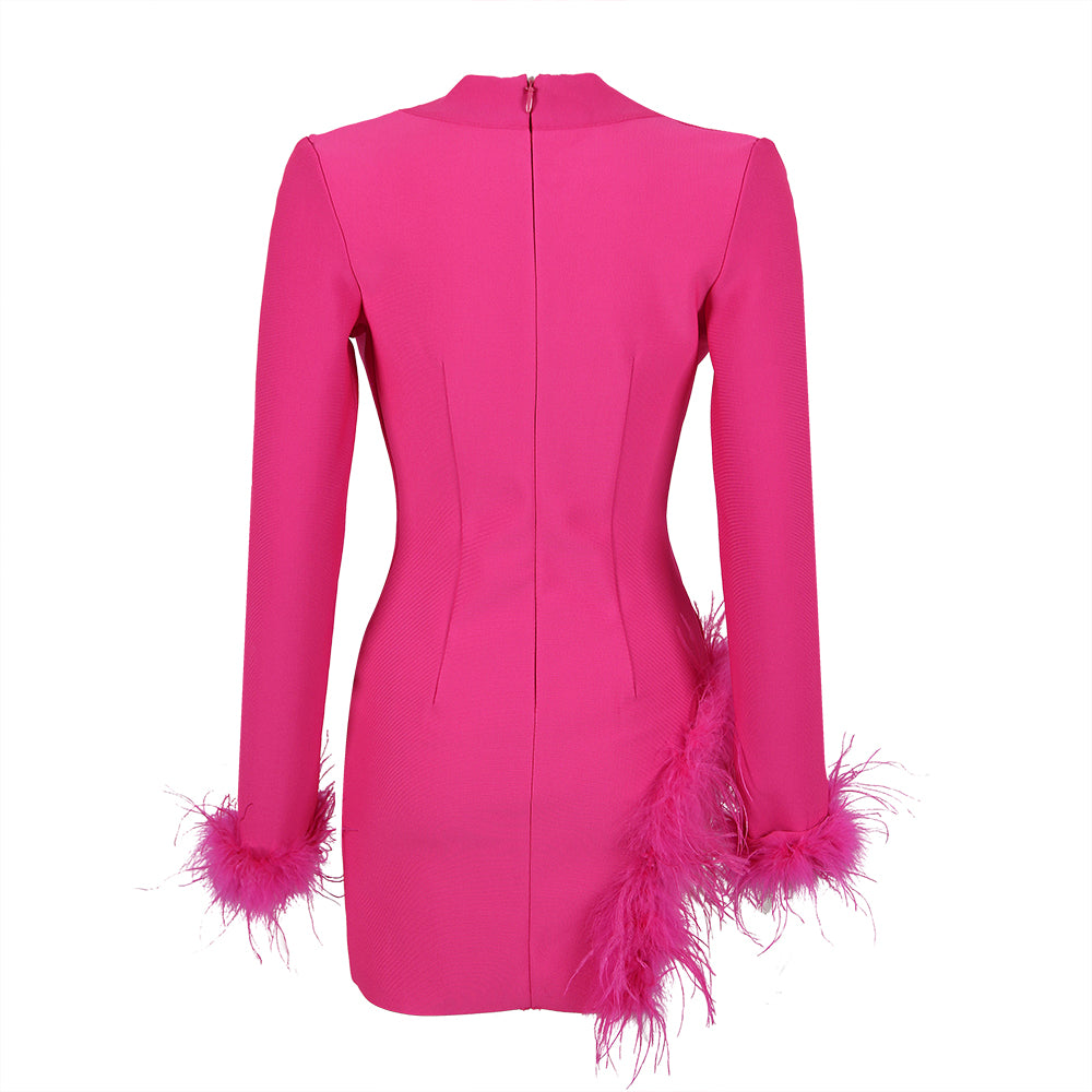 Long Sleeve Feather Detail Blazer Dress Hot Pink HV9064