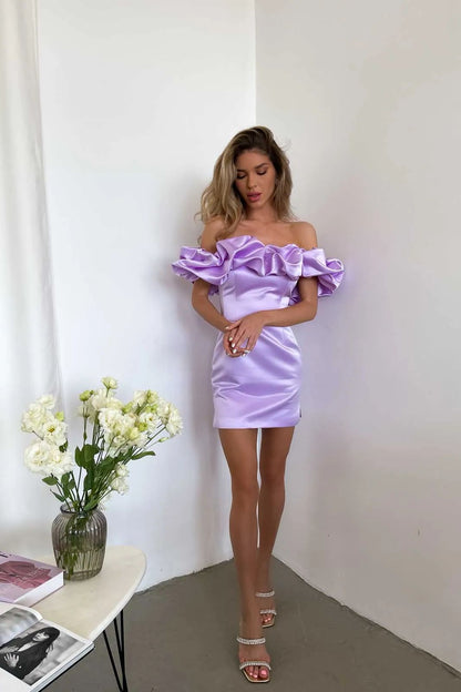 Puff Bardot Satin Dress Lavender HV8921