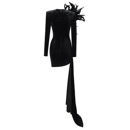 Long Sleeve Feather Detail Dress Black V9099