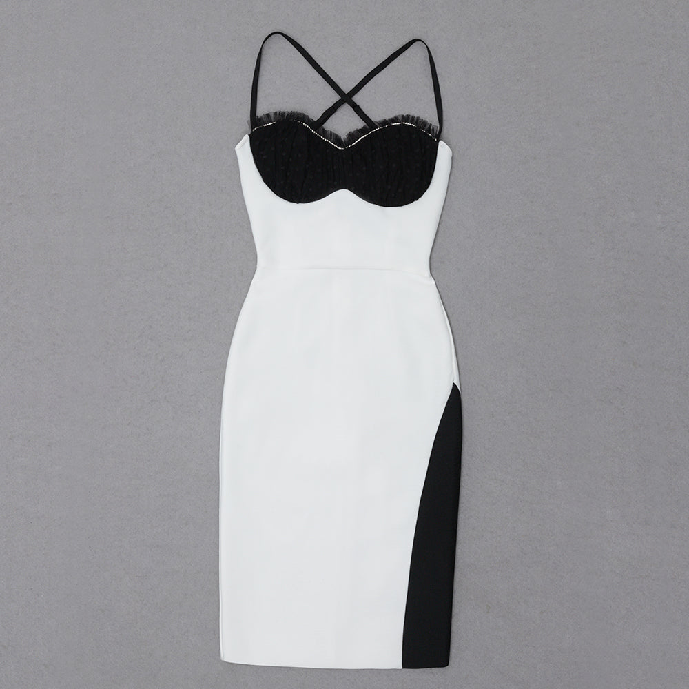 Mesh Bustier Cross Back Dress Black White HV8565