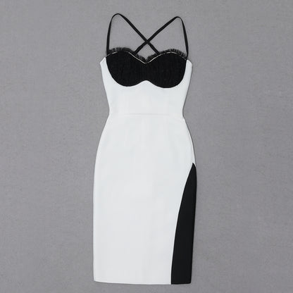 Mesh Bustier Cross Back Dress Black White HV8565