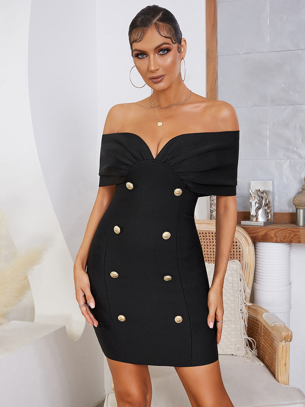 Draped Off The Shoulder Button Dress  HV7989