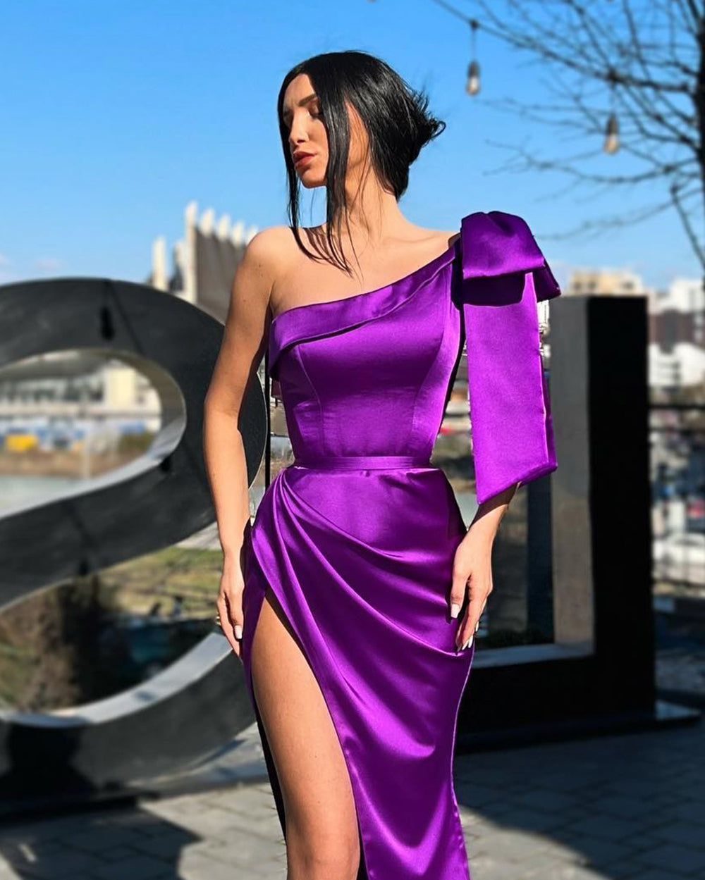 One Shoulder Bow Detail Midi Dress Purple  HV8782