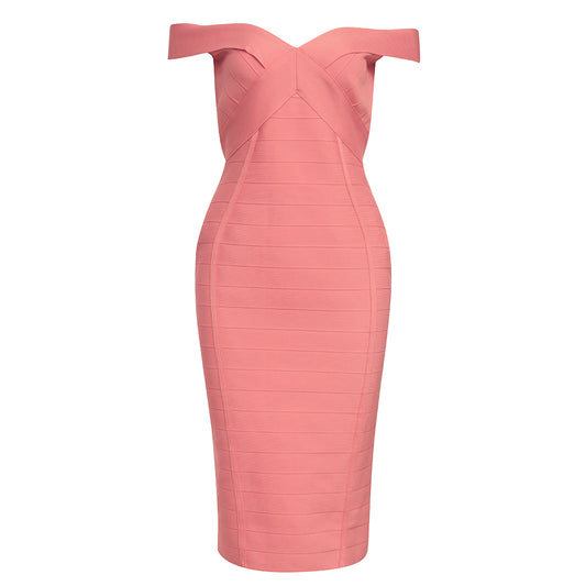 Off Shoulder Midi Dress Coral Pink HV8608