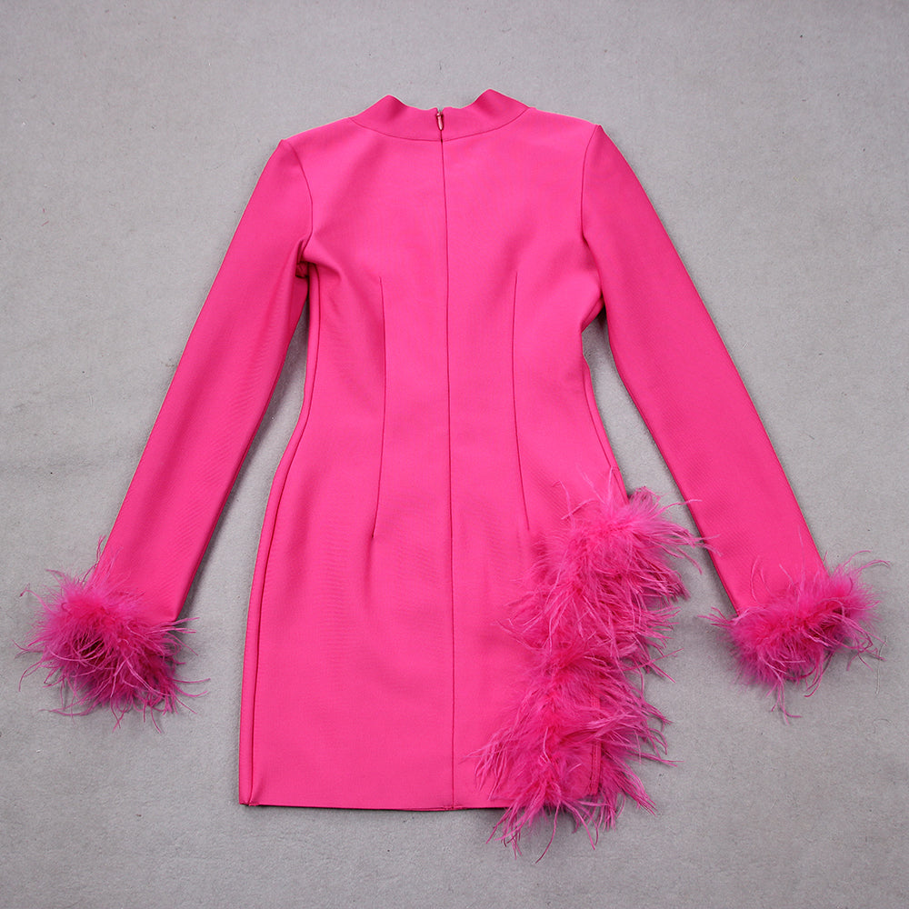 Long Sleeve Feather Detail Blazer Dress Hot Pink HV9064