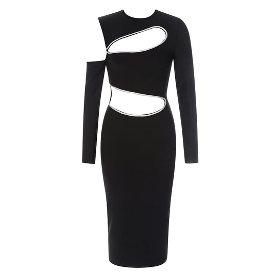 Long Sleeve Silver Trim Cut Out Midi Dress V8863