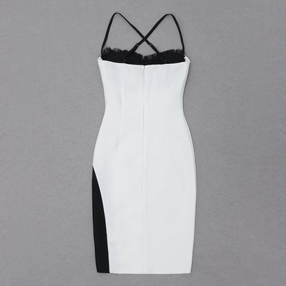 Mesh Bustier Cross Back Dress Black White HV8565