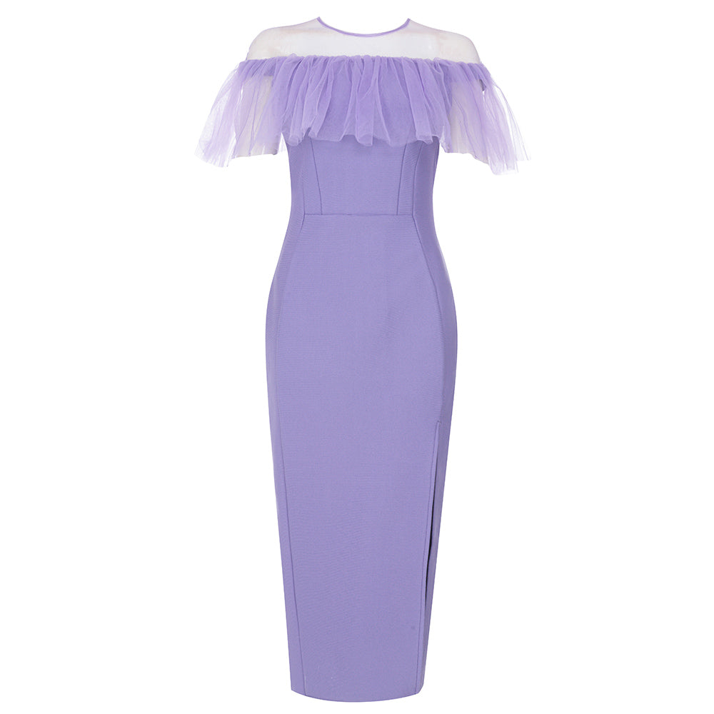 Ruffle Mesh Midi Dress Purple V8744