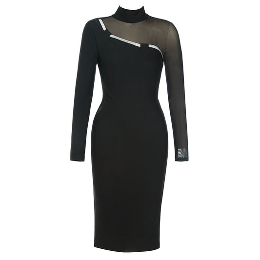 Long Sleeve Silver Trim Mesh Midi Dress