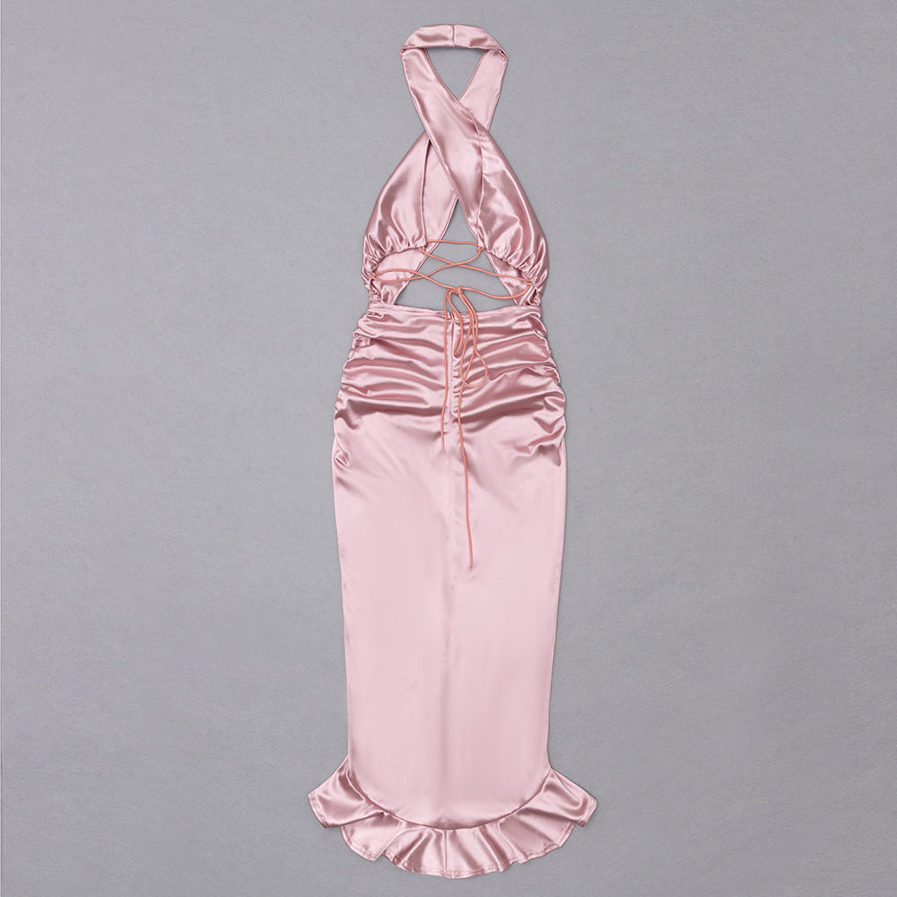 Halter Draped Ruffle Midi Silk Dress Pink HV8667