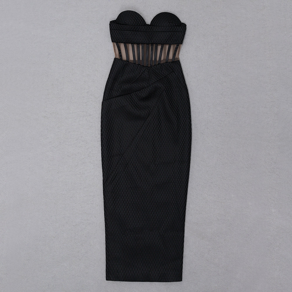 Strapless Corset Draped Midi Dress Black HV8563