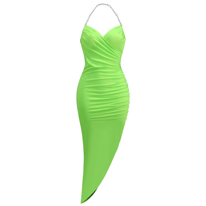 Halter Embellished Draped Midi Dress Neon Green HV8723