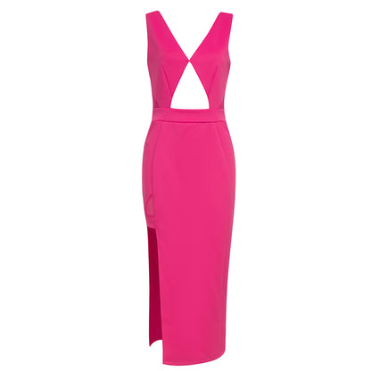 Cut Out Detail Midi Dress Hot Pink V8598