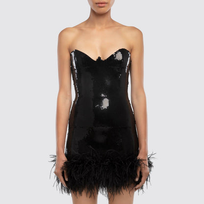 One Sleeve Sequin Feather Dress Black  HV9078