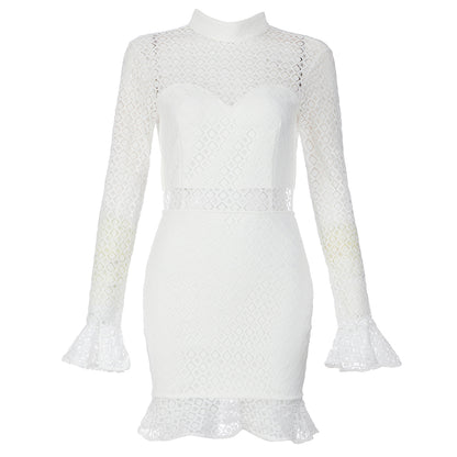 Long Sleeve Lace Backless Ruffle Dress White V7990