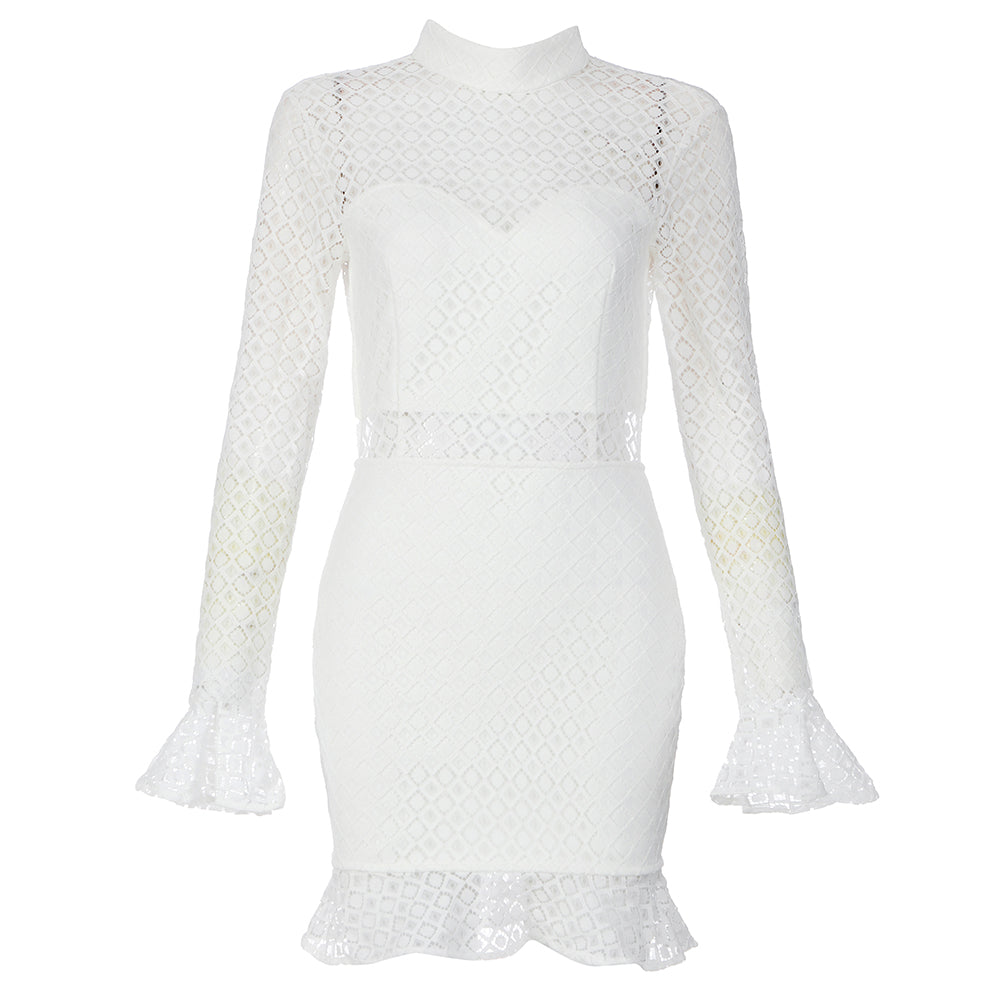 Long Sleeve Lace Backless Ruffle Dress White V7990