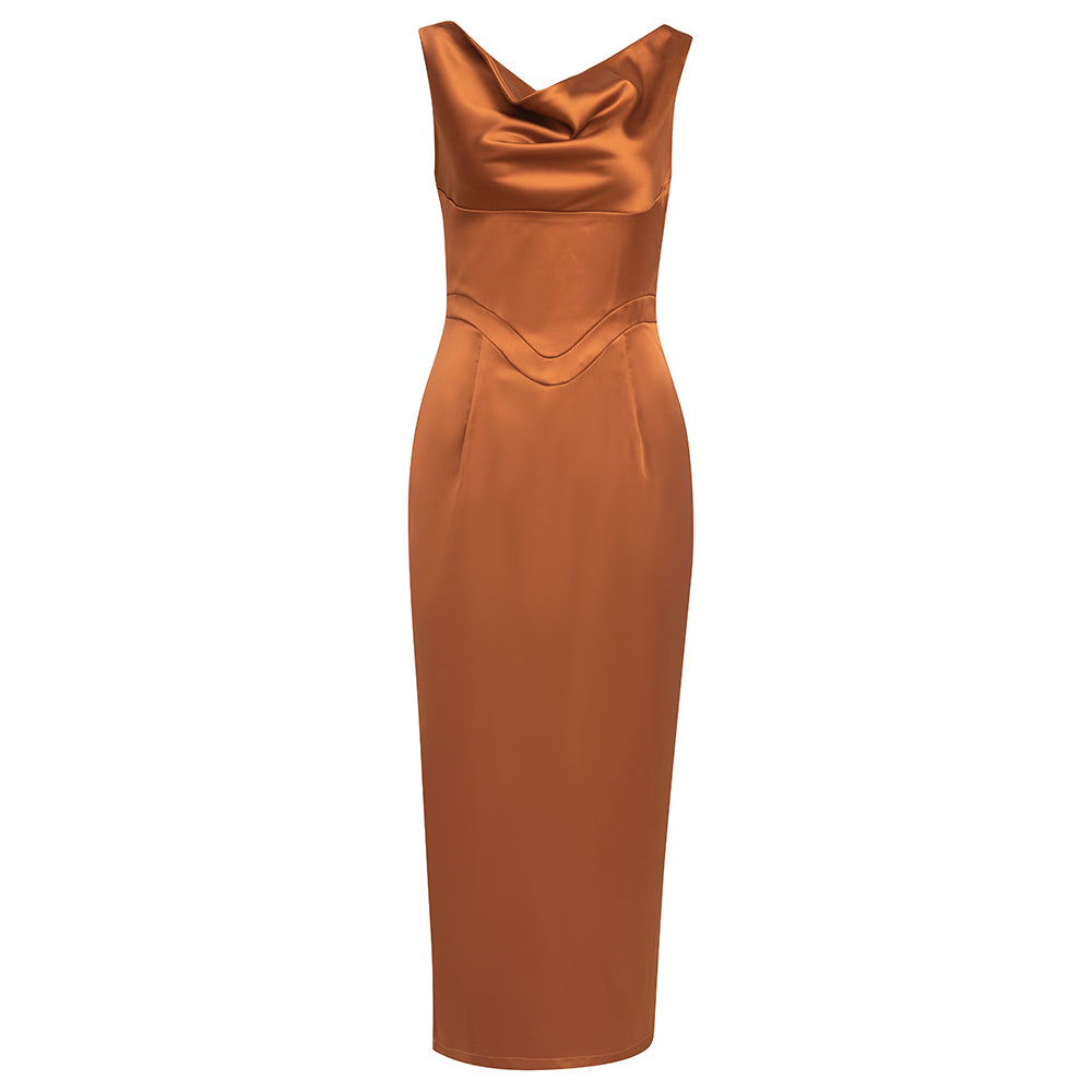 Draped Midi Silk Dress Copper Brown  HV8599