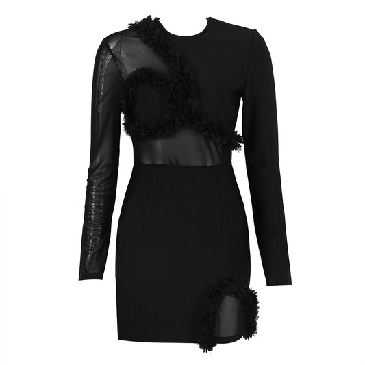 Long Sleeve Petal Detail Dress Black V9075D