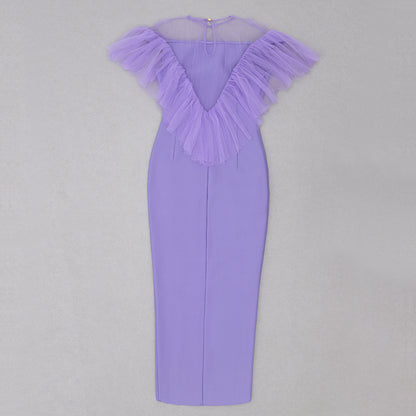 Ruffle Mesh Midi Dress Purple V8744