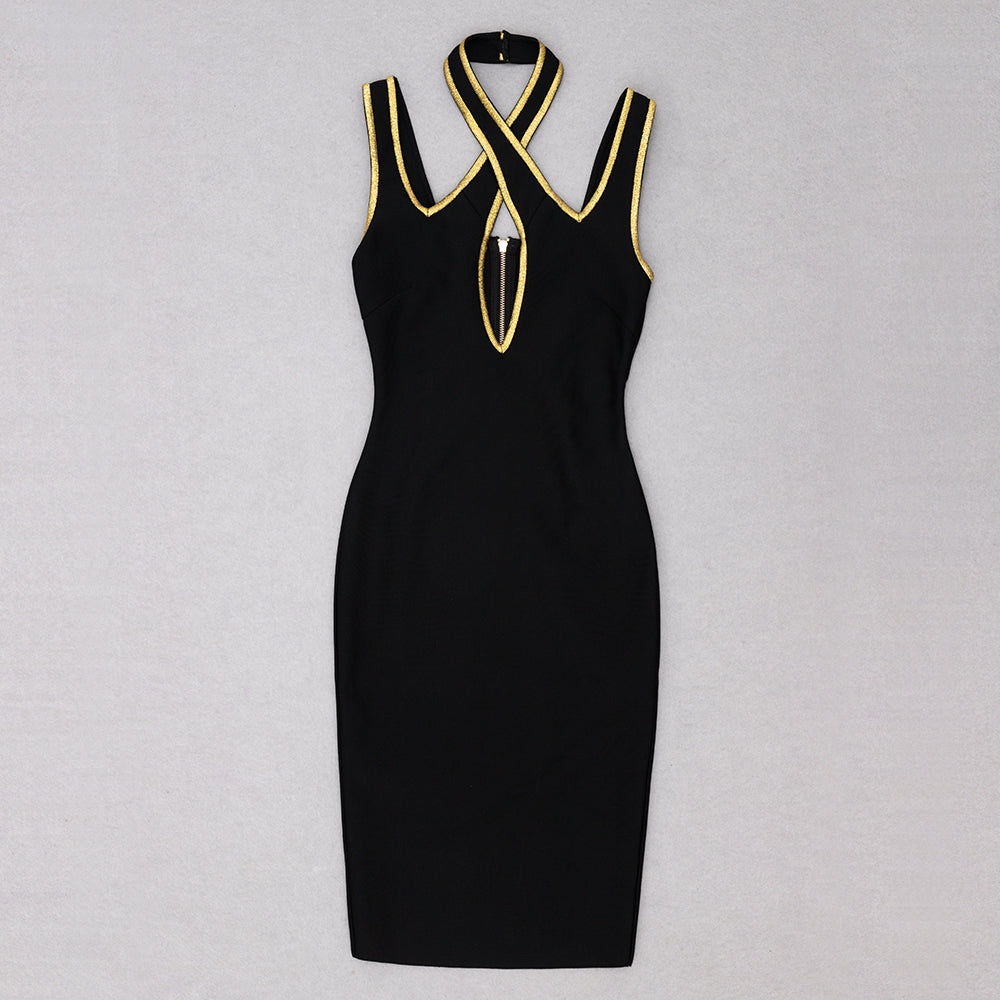 Halter Gold Trim Dress Black HV8745