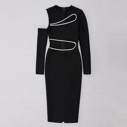 Long Sleeve Silver Trim Cut Out Midi Dress V8863