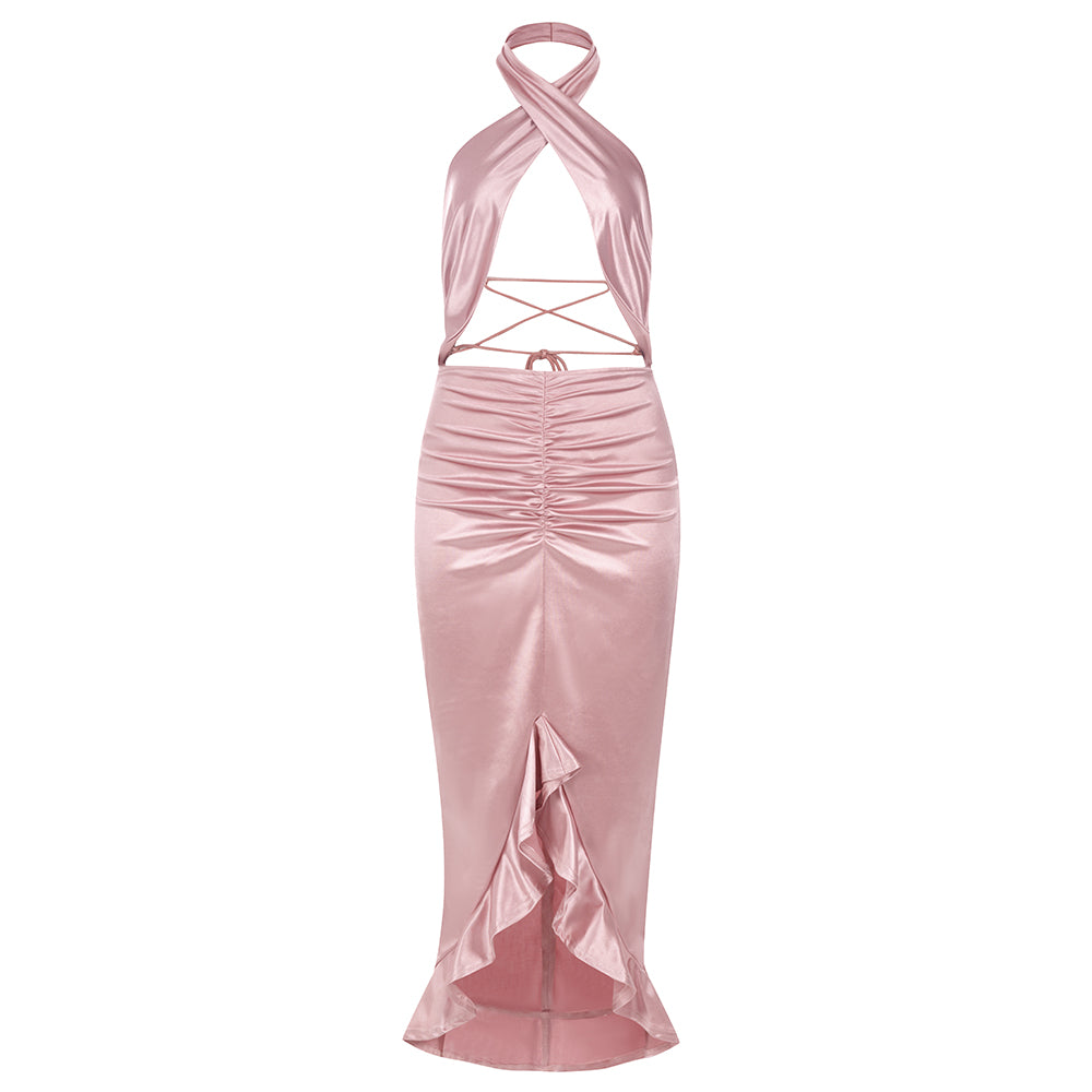 Halter Draped Ruffle Midi Silk Dress Pink HV8667