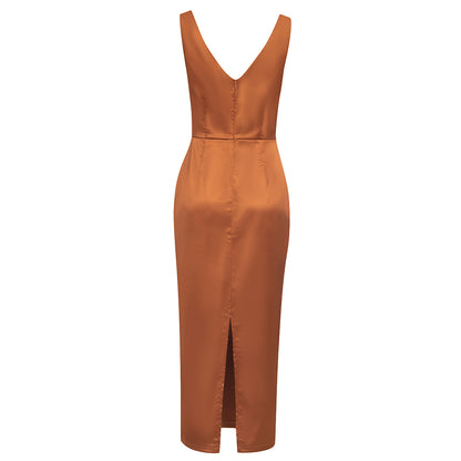 Draped Midi Silk Dress Copper Brown  HV8599