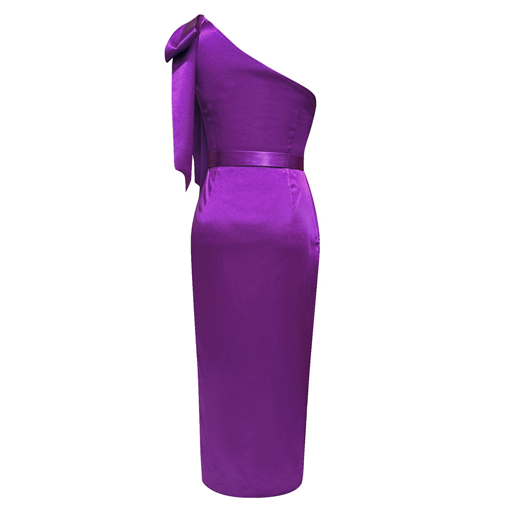 One Shoulder Bow Detail Midi Dress Purple  HV8782