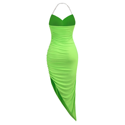 Halter Embellished Draped Midi Dress Neon Green HV8723